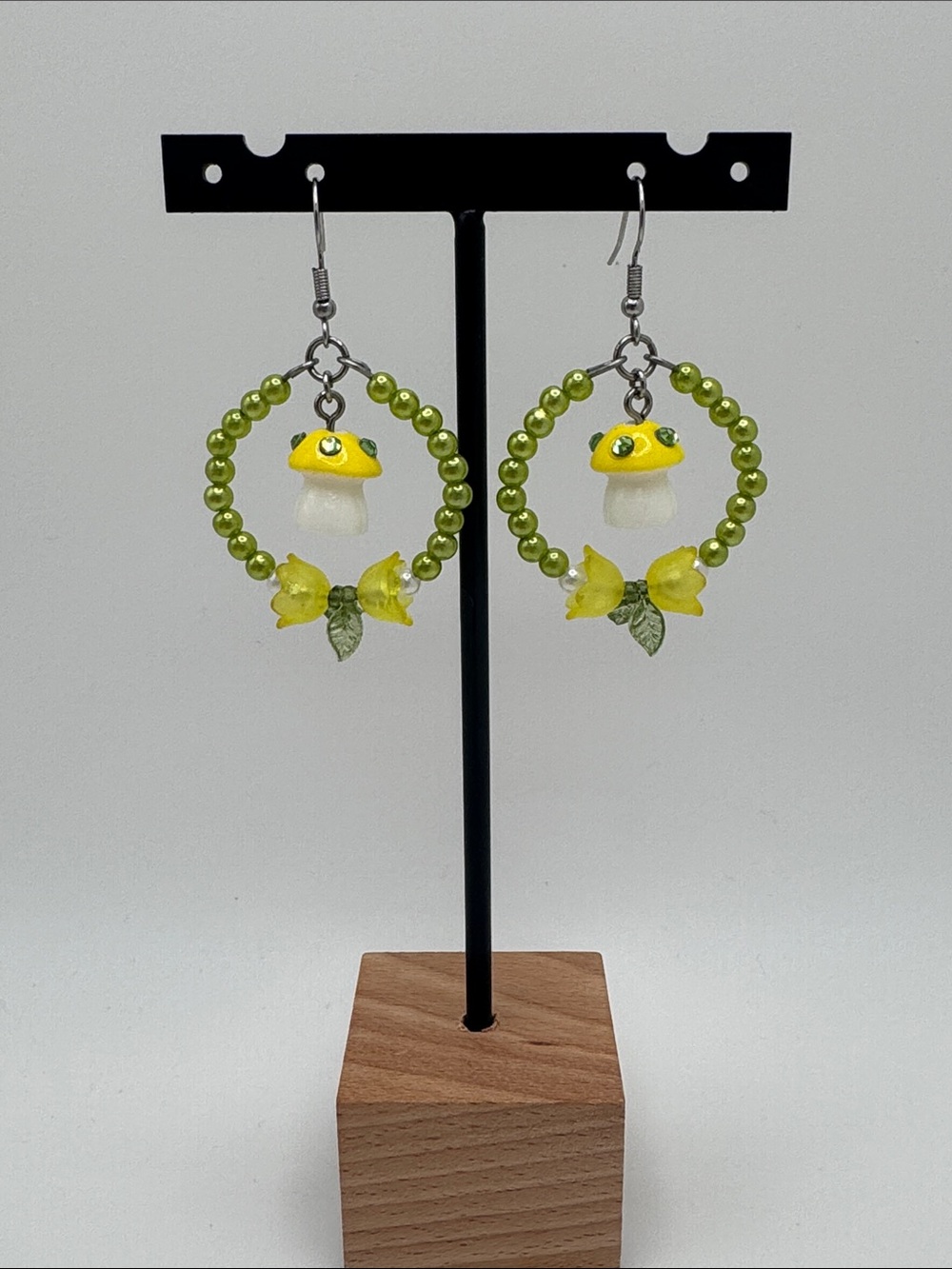 Handmade Yellow Mushroom Hoop Earrings with Green Beads and Flowers